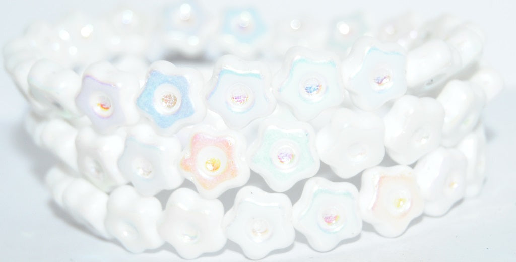 Simple Flower Pressed Glass Beads, White Ab 2Xside (02010-AB-2XSIDE), Glass, Czech Republic