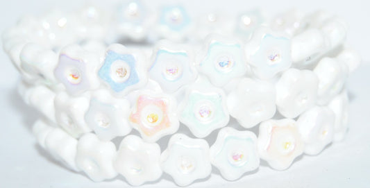 Simple Flower Pressed Glass Beads, White Ab 2Xside (02010-AB-2XSIDE), Glass, Czech Republic