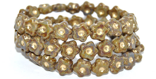 Simple Flower Pressed Glass Beads, Opaque Gray Gold Lined Travertin (43020-54202-86800), Glass, Czech Republic