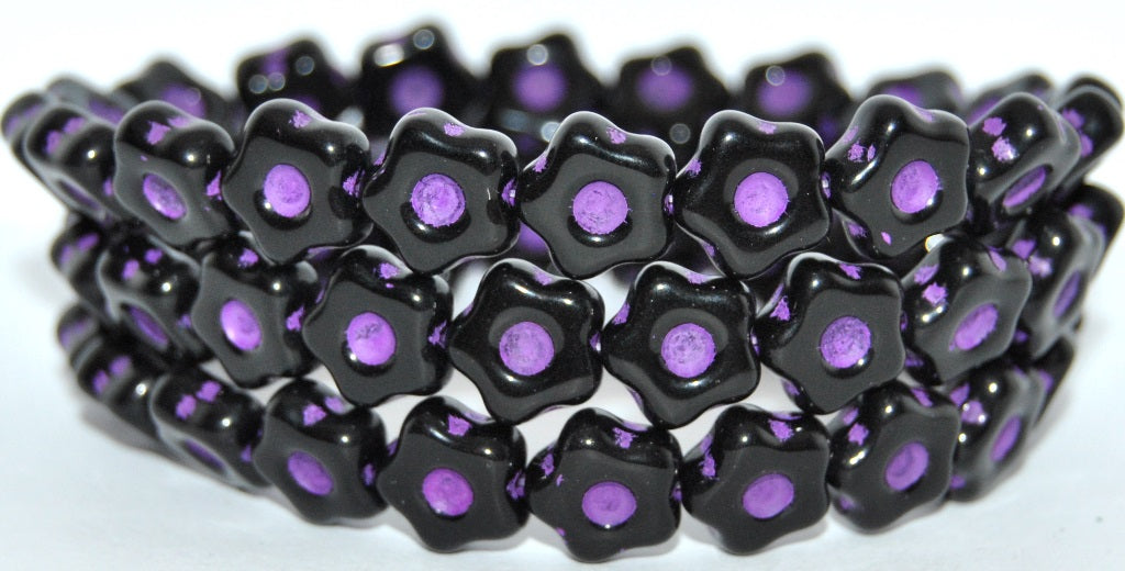 Simple Flower Pressed Glass Beads, Black Purple Lined (23980-46420), Glass, Czech Republic