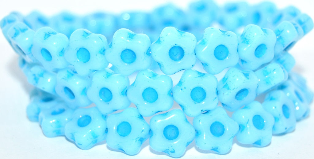 Simple Flower Pressed Glass Beads, White Light Blue Lined (02010-46460), Glass, Czech Republic