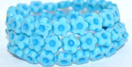 Simple Flower Pressed Glass Beads, Turquoise Blue Light Blue Lined (63030-46460), Glass, Czech Republic