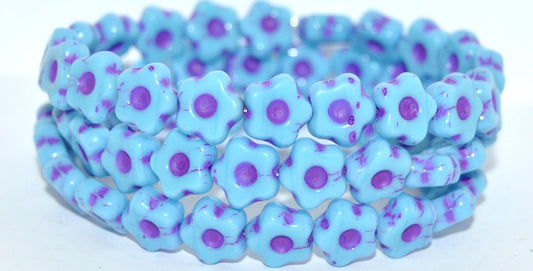 Simple Flower Pressed Glass Beads, Turquoise Blue Purple Lined (63030-46420), Glass, Czech Republic