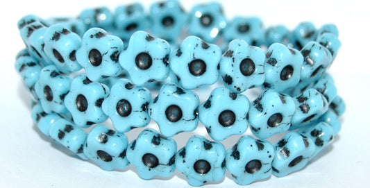 Simple Flower Pressed Glass Beads, Turquoise Blue 43815 Metalic (63030-43815-METALIC), Glass, Czech Republic