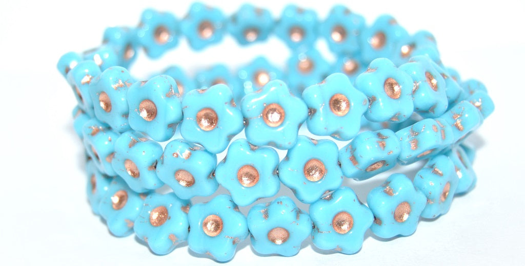 Simple Flower Pressed Glass Beads, Turquoise Blue Copper Lined (63030-54200), Glass, Czech Republic