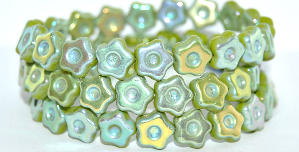 Simple Flower Pressed Glass Beads, Opaque Green Ab 2Xside (53400-AB-2XSIDE), Glass, Czech Republic