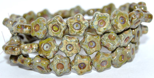 Simple Flower Pressed Glass Beads, Opaque Green Travertin (53400-86800), Glass, Czech Republic