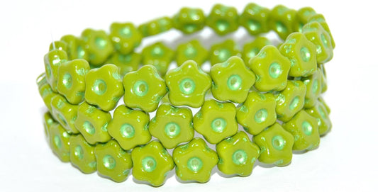 Simple Flower Pressed Glass Beads, Opaque Green 43813 Metalic (53400-43813-METALIC), Glass, Czech Republic