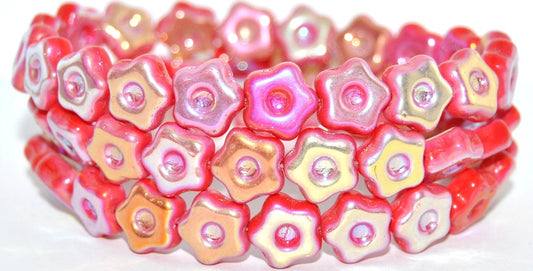 Simple Flower Pressed Glass Beads, Opaque Red Ab 2Xside (93200-AB-2XSIDE), Glass, Czech Republic