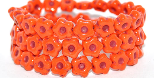 Simple Flower Pressed Glass Beads, Deep Orange  Red Lined (93140-46490), Glass, Czech Republic