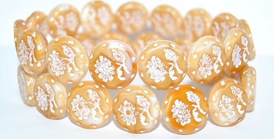 Round Flat With Flower Marguerite Pressed Glass Beads, Dark Beige White Lined (07193-46401), Glass, Czech Republic