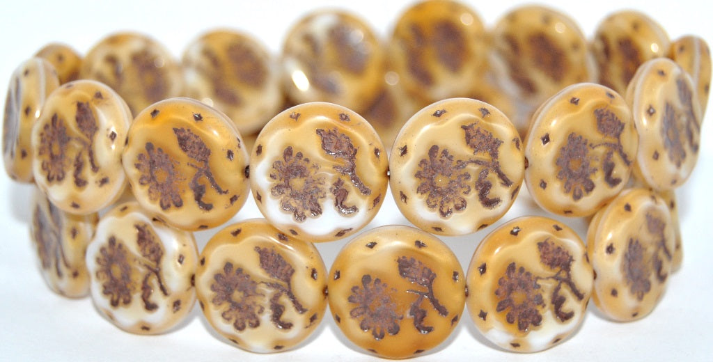 Round Flat With Flower Marguerite Pressed Glass Beads, Dark Beige Brown Lined (07193-46410), Glass, Czech Republic