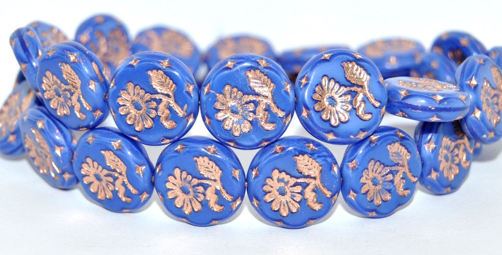 Round Flat With Flower Marguerite Pressed Glass Beads, Blue With Rainbow Plated Copper Lined (34020-54200), Glass, Czech Republic