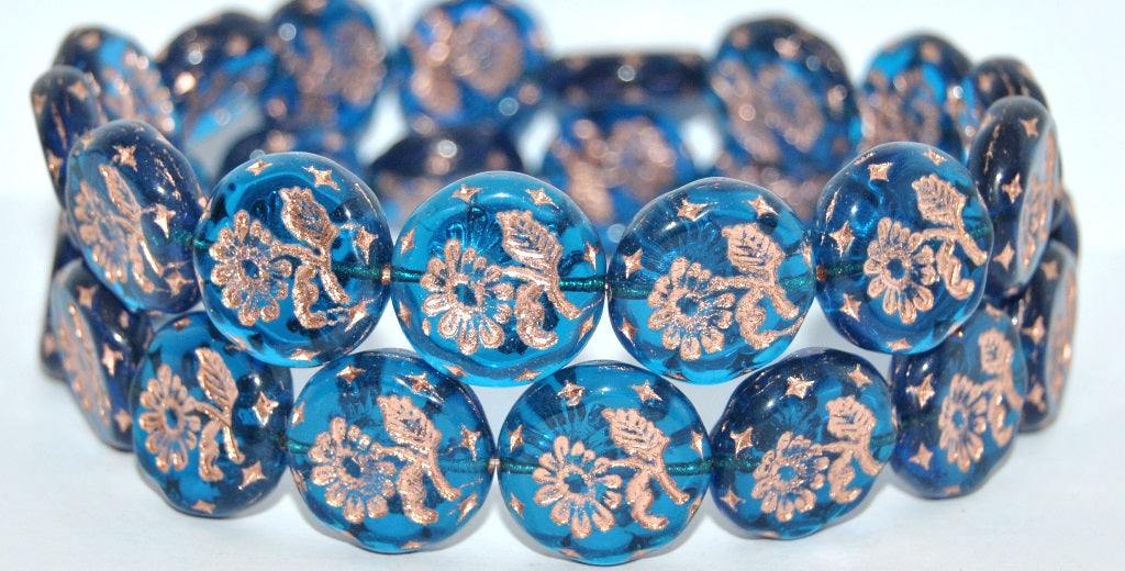 Round Flat With Flower Marguerite Pressed Glass Beads, Transparent Aqua Copper Lined (60050-54200), Glass, Czech Republic