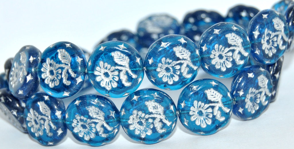 Round Flat With Flower Marguerite Pressed Glass Beads, Transparent Aqua Silver Lined (60050-54201), Glass, Czech Republic
