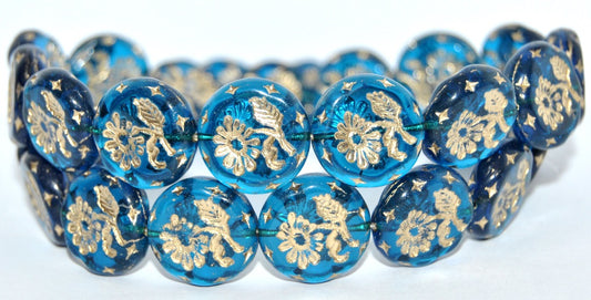 Round Flat With Flower Marguerite Pressed Glass Beads, Transparent Aqua Gold Lined (60050-54202), Glass, Czech Republic