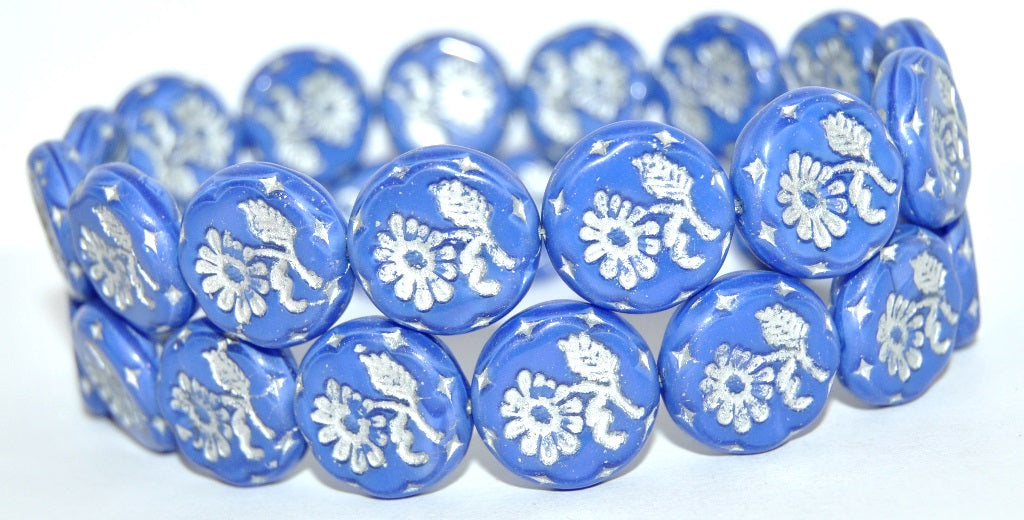 Round Flat With Flower Marguerite Pressed Glass Beads, Blue With Rainbow Plated Silver Lined (34020-54201), Glass, Czech Republic