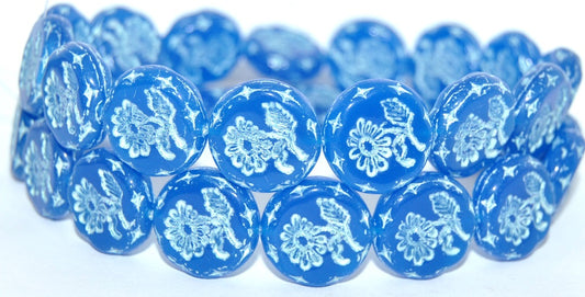 Round Flat With Flower Marguerite Pressed Glass Beads, Blue 43801 Metalic (62010-43801-METALIC), Glass, Czech Republic