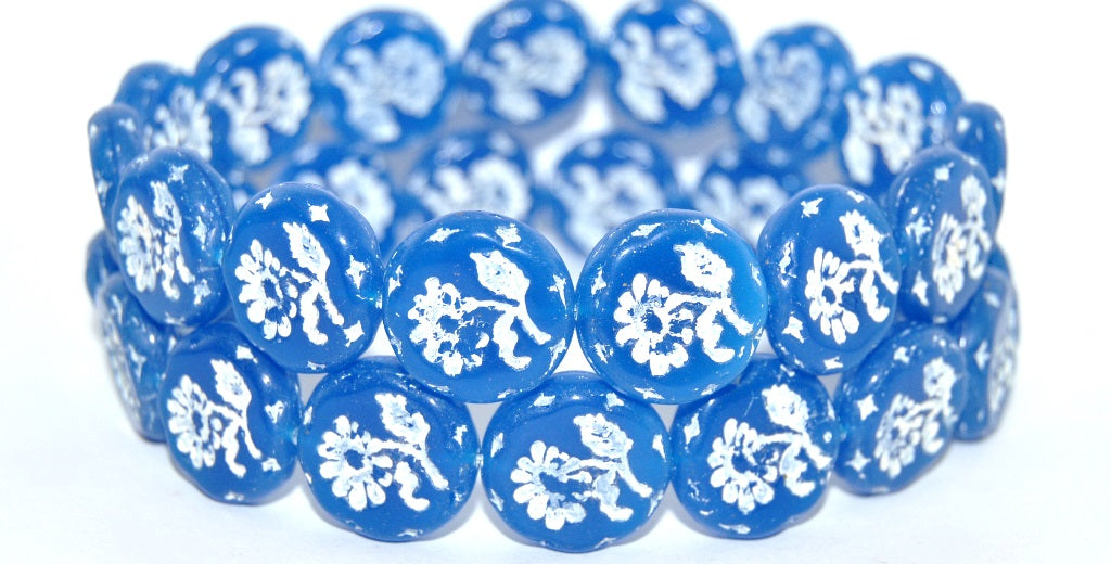 Round Flat With Flower Marguerite Pressed Glass Beads, Blue White Lined (62010-46401), Glass, Czech Republic