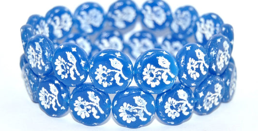 Round Flat With Flower Marguerite Pressed Glass Beads, Blue White Lined (62010-46401), Glass, Czech Republic