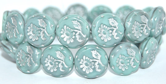 Round Flat With Flower Marguerite Pressed Glass Beads, Mix Gray Mint Silver Lined (47514-54201), Glass, Czech Republic
