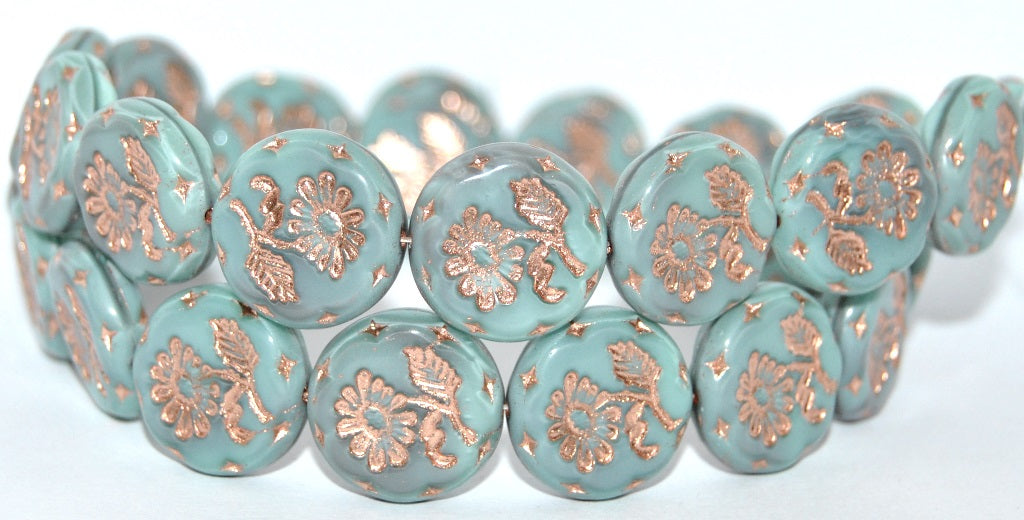 Round Flat With Flower Marguerite Pressed Glass Beads, Mix Gray Mint Copper Lined (47514-54200), Glass, Czech Republic