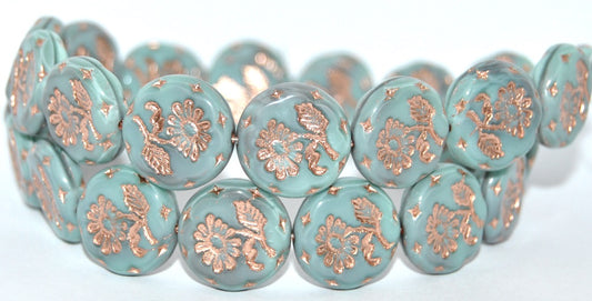 Round Flat With Flower Marguerite Pressed Glass Beads, Mix Gray Mint Copper Lined (47514-54200), Glass, Czech Republic