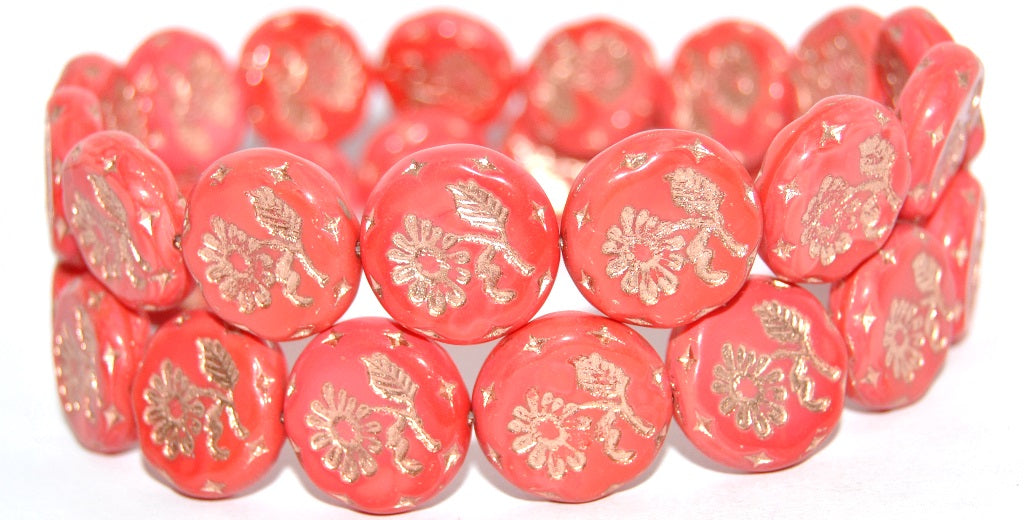Round Flat With Flower Marguerite Pressed Glass Beads, Red Copper Lined (93400-54200), Glass, Czech Republic