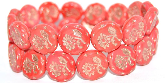 Round Flat With Flower Marguerite Pressed Glass Beads, Red Copper Lined (93400-54200), Glass, Czech Republic