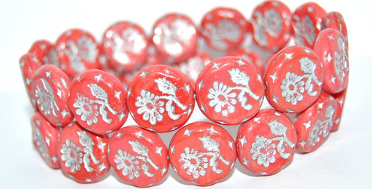 Round Flat With Flower Marguerite Pressed Glass Beads, Red Silver Lined (93400-54201), Glass, Czech Republic