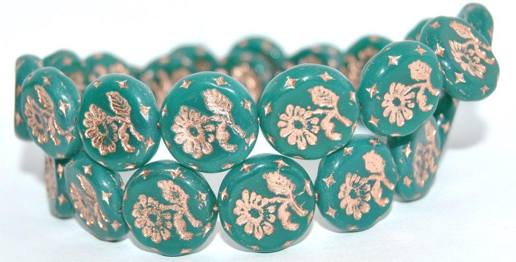 Round Flat With Flower Marguerite Pressed Glass Beads, Opal Emerald Copper Lined (52050-54200), Glass, Czech Republic