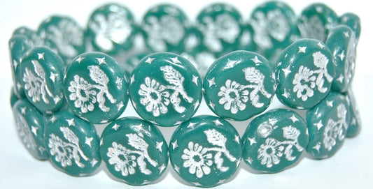 Round Flat With Flower Marguerite Pressed Glass Beads, Opal Emerald Silver Lined (52050-54201), Glass, Czech Republic