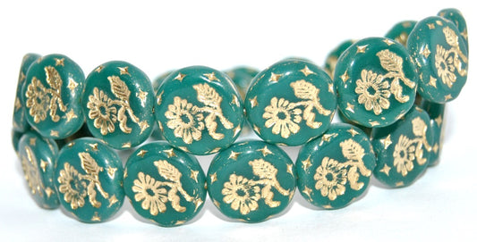Round Flat With Flower Marguerite Pressed Glass Beads, Opal Emerald Gold Lined (52050-54202), Glass, Czech Republic