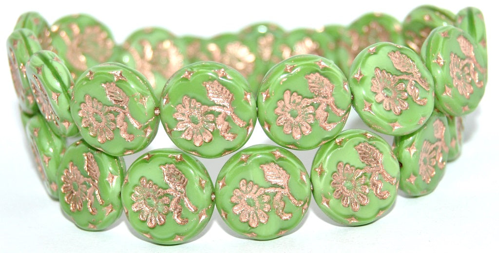 Round Flat With Flower Marguerite Pressed Glass Beads, Opaque Green Copper Lined (54010-54200), Glass, Czech Republic