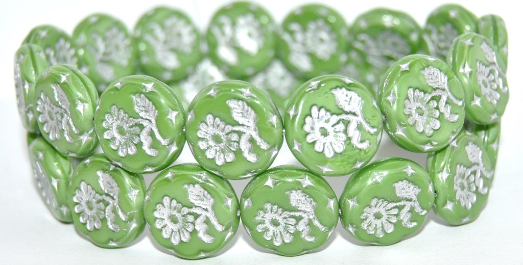 Round Flat With Flower Marguerite Pressed Glass Beads, Opaque Green Silver Lined (54010-54201), Glass, Czech Republic