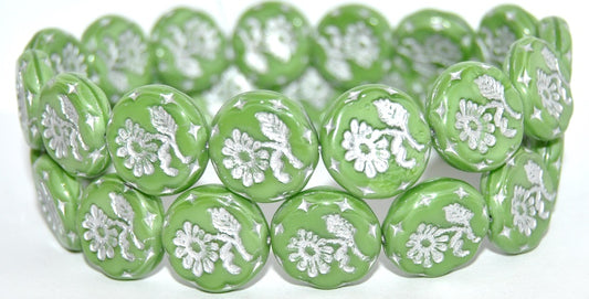 Round Flat With Flower Marguerite Pressed Glass Beads, Opaque Green Silver Lined (54010-54201), Glass, Czech Republic