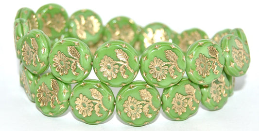 Round Flat With Flower Marguerite Pressed Glass Beads, Opaque Green Gold Lined (54010-54202), Glass, Czech Republic