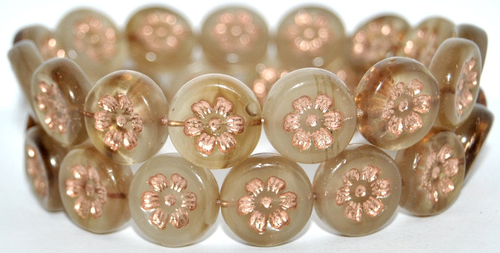 Round Flat With 6-Petal Flower Pressed Glass Beads, Mixed Colors Opal Copper Lined (MIX-OPAL-54200), Glass, Czech Republic