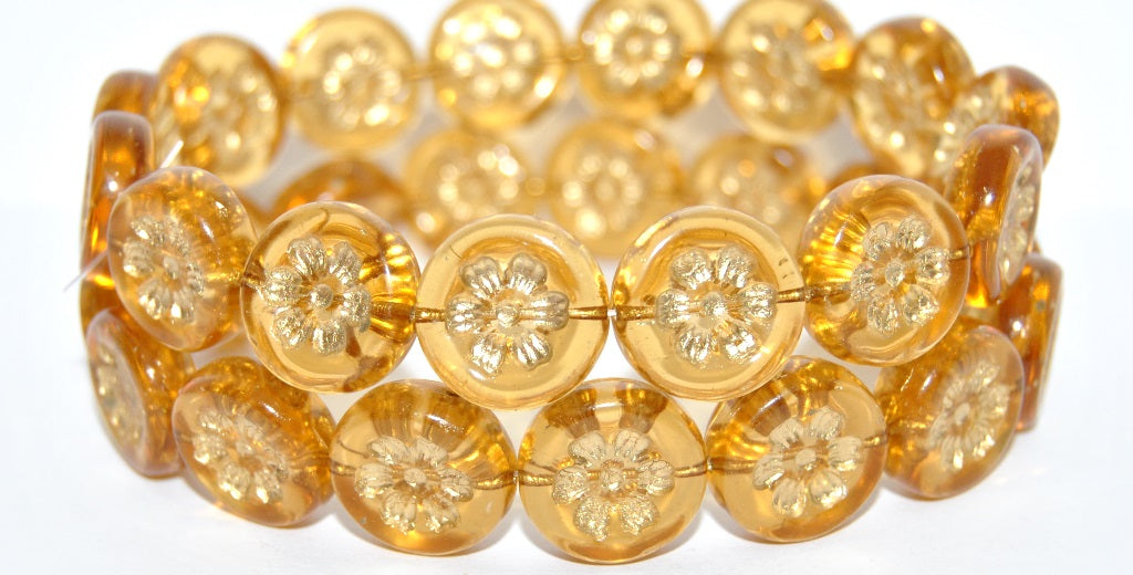 Round Flat With 6-Petal Flower Pressed Glass Beads, Transparent Orange Gold Lined (10040-54202), Glass, Czech Republic