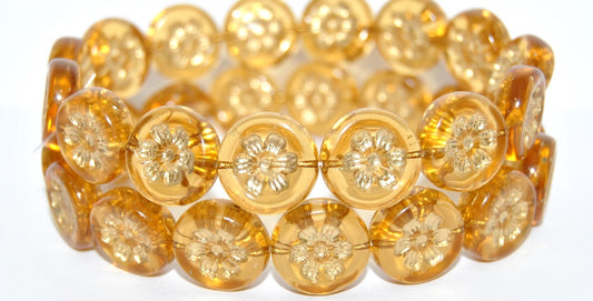 Round Flat With 6-Petal Flower Pressed Glass Beads, Transparent Orange Gold Lined (10040-54202), Glass, Czech Republic