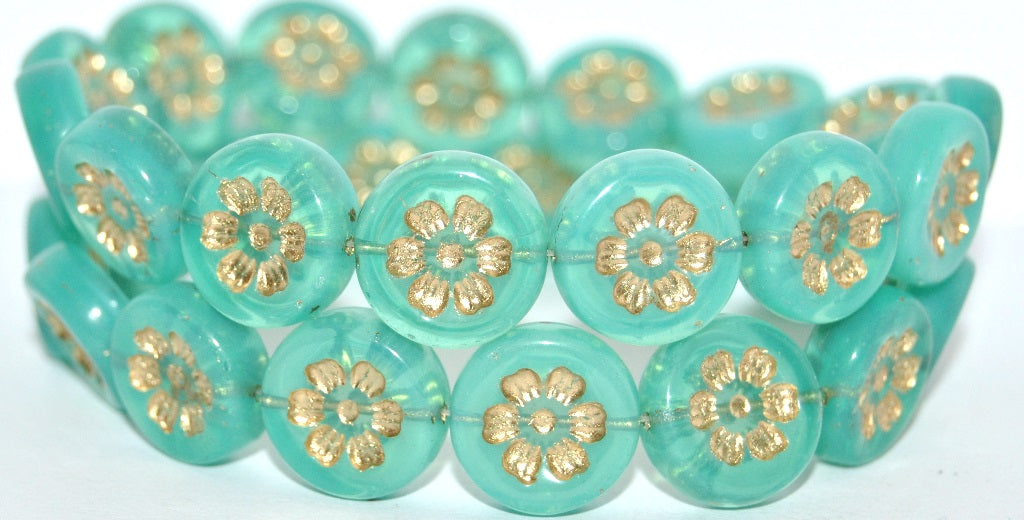 Round Flat With 6-Petal Flower Pressed Glass Beads, Opal Aqua Gold Lined Uranium (61100-54202-URANIUM), Glass, Czech Republic