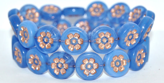 Round Flat With 6-Petal Flower Pressed Glass Beads, Opal Blue Copper Lined (31000-54200), Glass, Czech Republic