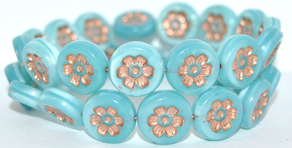 Round Flat With 6-Petal Flower Pressed Glass Beads, Opal Aqua Copper Lined (61300-54200), Glass, Czech Republic