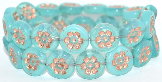 Round Flat With 6-Petal Flower Pressed Glass Beads, Opal Aqua Copper Lined (61010-54200), Glass, Czech Republic