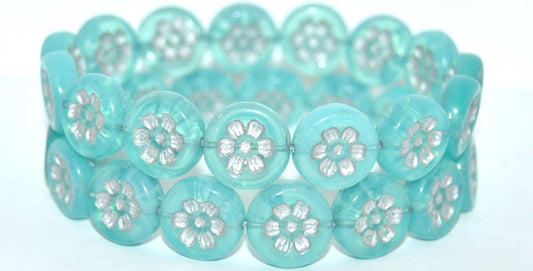 Round Flat With 6-Petal Flower Pressed Glass Beads, Opal Aqua Silver Lined (61010-54201), Glass, Czech Republic