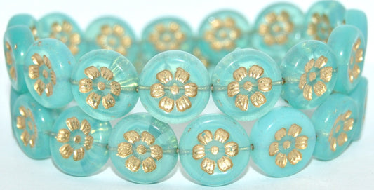 Round Flat With 6-Petal Flower Pressed Glass Beads, Opal Aqua Gold Lined (61010-54202), Glass, Czech Republic