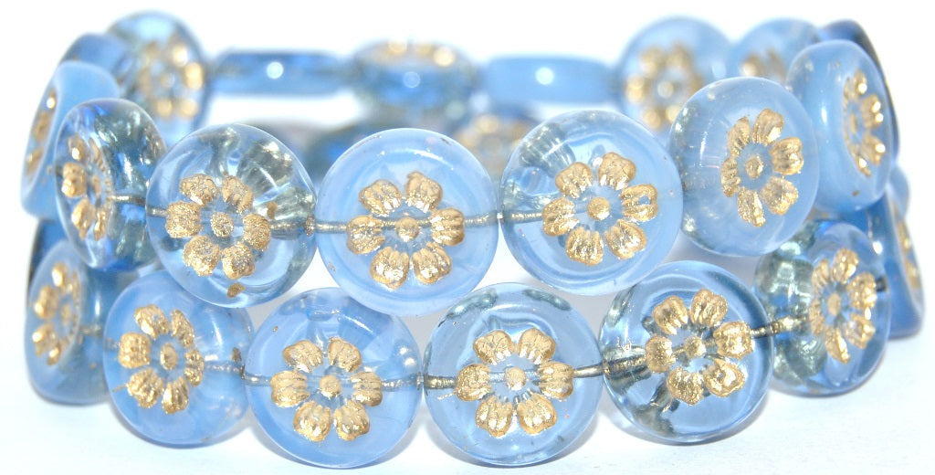 Round Flat With 6-Petal Flower Pressed Glass Beads, Mixed Colors Blue Opal Gold Lined (MIX-BLUE-OPAL-54202), Glass, Czech Republic