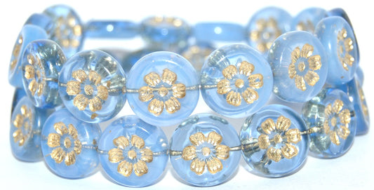 Round Flat With 6-Petal Flower Pressed Glass Beads, Mixed Colors Blue Opal Gold Lined (MIX-BLUE-OPAL-54202), Glass, Czech Republic