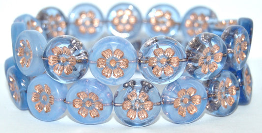 Round Flat With 6-Petal Flower Pressed Glass Beads, Mixed Colors Blue Opal Copper Lined (MIX-BLUE-OPAL-54200), Glass, Czech Republic