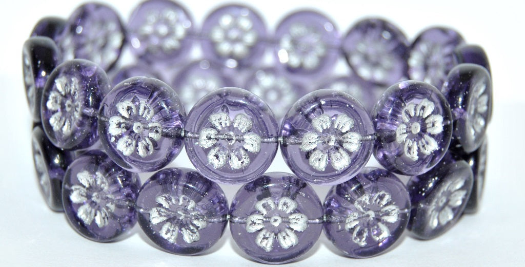 Round Flat With 6-Petal Flower Pressed Glass Beads, Transparent Light Amethyst Silver Lined (20500-54201), Glass, Czech Republic